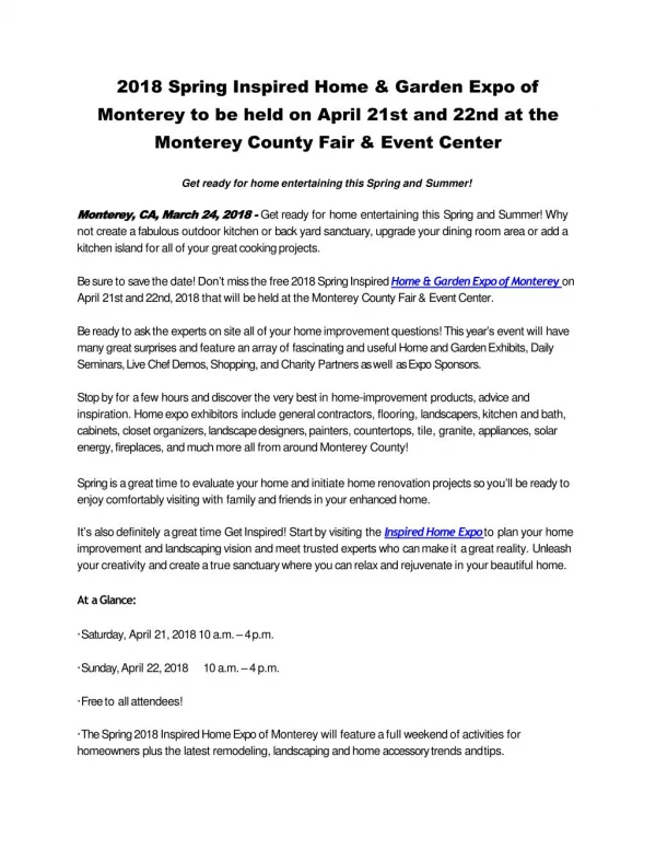 2018 Spring Inspired Home & Garden Expo of Monterey to be held on April 21st and 22nd at the Monterey County Fair & Even
