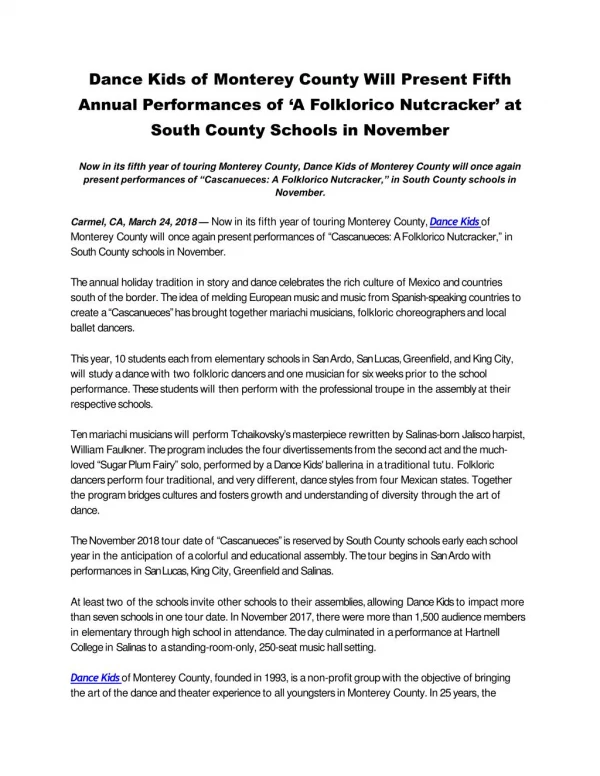 Dance Kids of Monterey County Will Present Fifth Annual Performances of ‘A Folklorico Nutcracker’