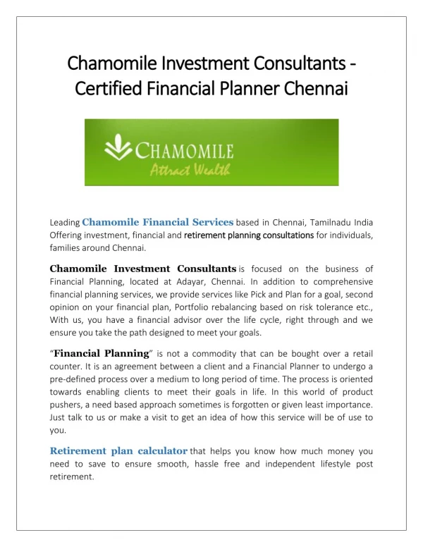 Chamomile Investment Consultants — Best Retirement Planning Services in Chennai