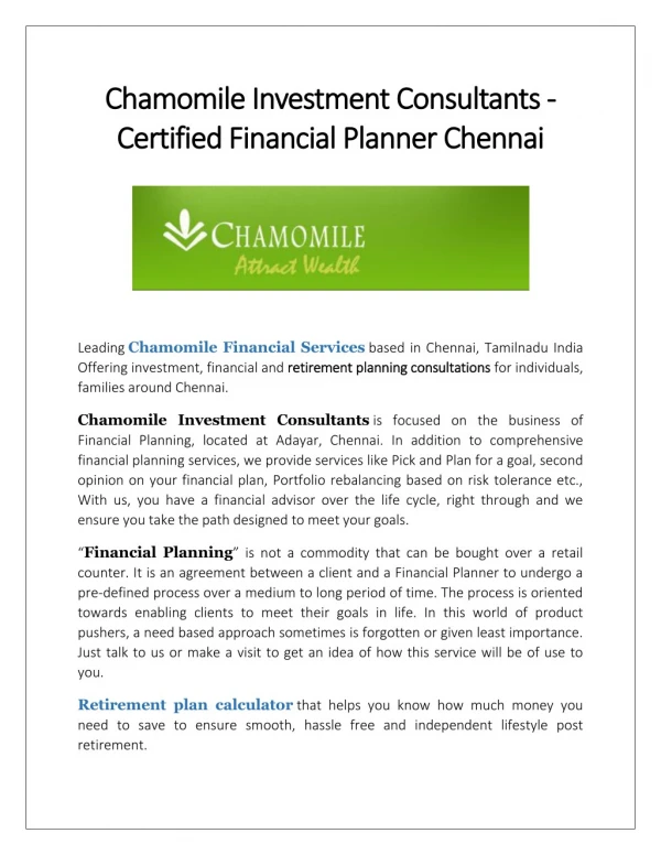 Chamomile Investment Consultantsâ€Šâ€”â€ŠBest Retirement Planning Services in Chennai