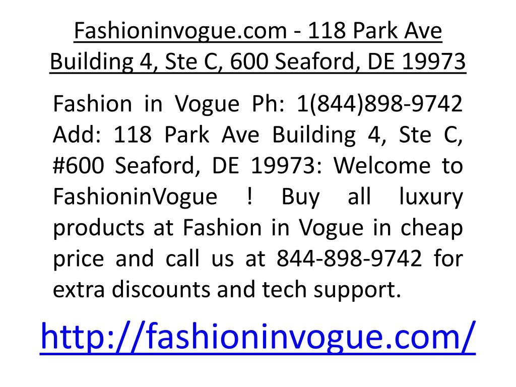 fashioninvogue com 118 park ave building 4 ste c 600 seaford de 19973