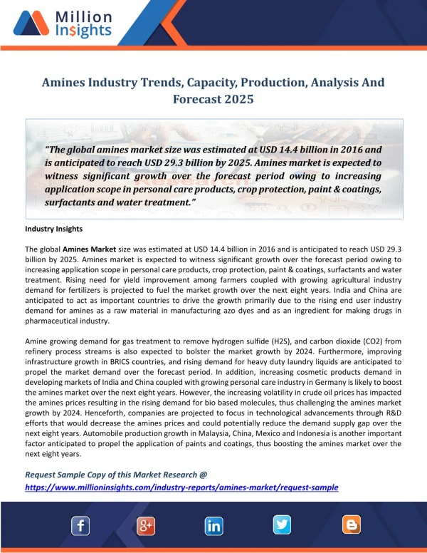 Amines Industry Trends, Capacity, Production, Analysis And Forecast 2025