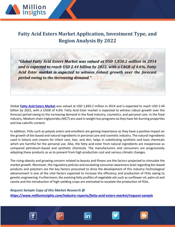 Fatty Acid Esters Market Application, Investment Type, and Region Analysis By 2022