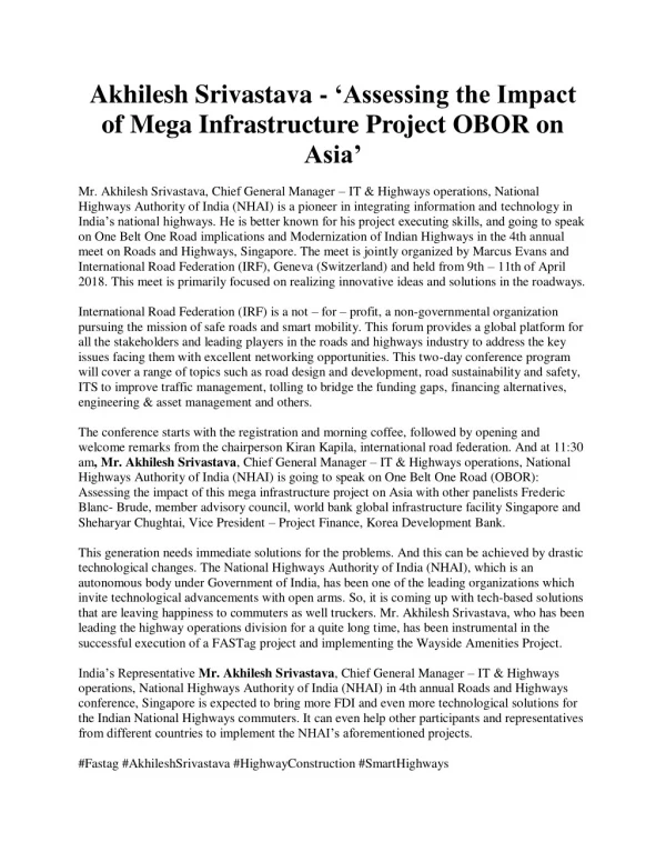 Akhilesh Srivastava â€˜Assessing the Impact of Mega Infrastructure Project OBOR on Asiaâ€™