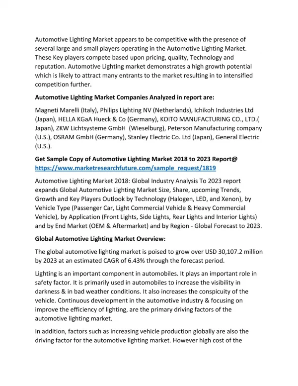 Automotive Lighting Industry Global Market Insights Report 2018