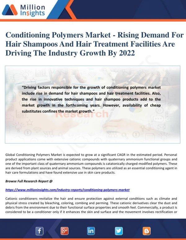 Conditioning Polymers Market - Rising Demand For Hair Shampoos And Hair Treatment Facilities Are Driving The Industry Gr