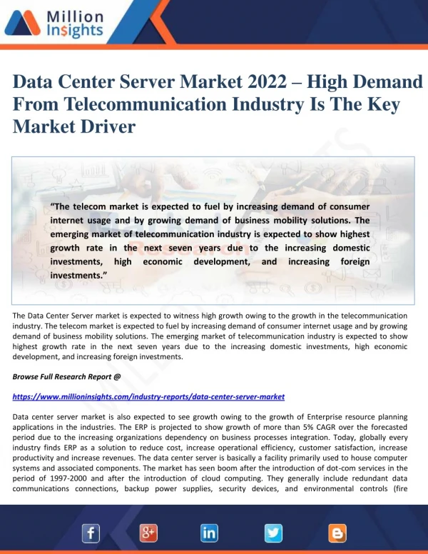 Data Center Server Market 2022 – High Demand From Telecommunication Industry Is The Key Market Driver