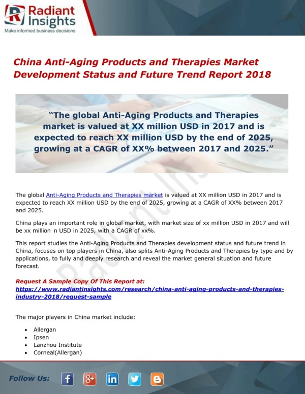 China Anti-Aging Products and Therapies Market Development Status and Future Trend Report 2018