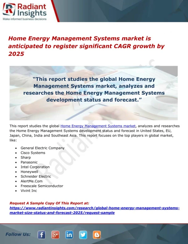 Home Energy Management Systems market is anticipated to register significant CAGR growth by 2025