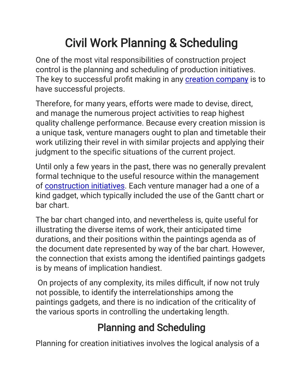 civil work planning scheduling civil work