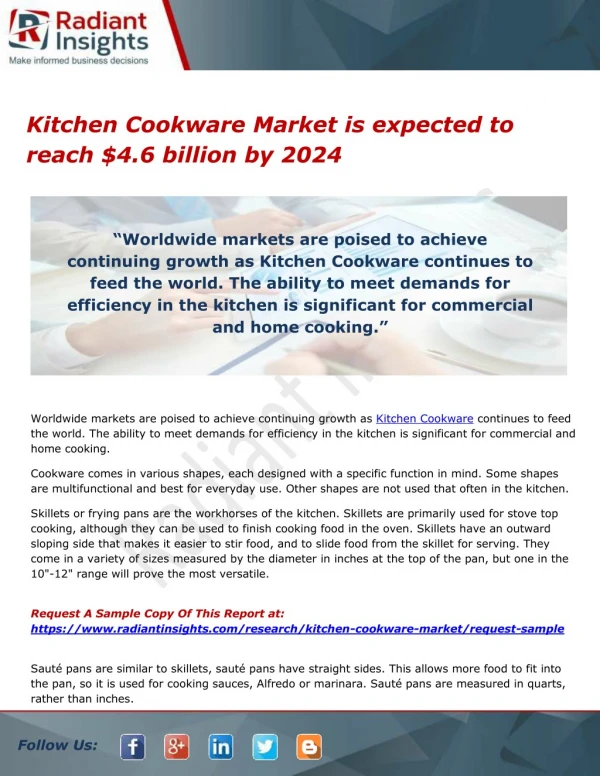 Kitchen Cookware Market is expected to reach $4.6 billion by 2024