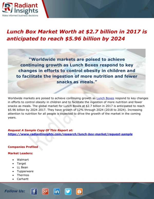 Lunch Box Market Worth at $2.7 billion in 2017 is anticipated to reach $5.96 billion by 2024