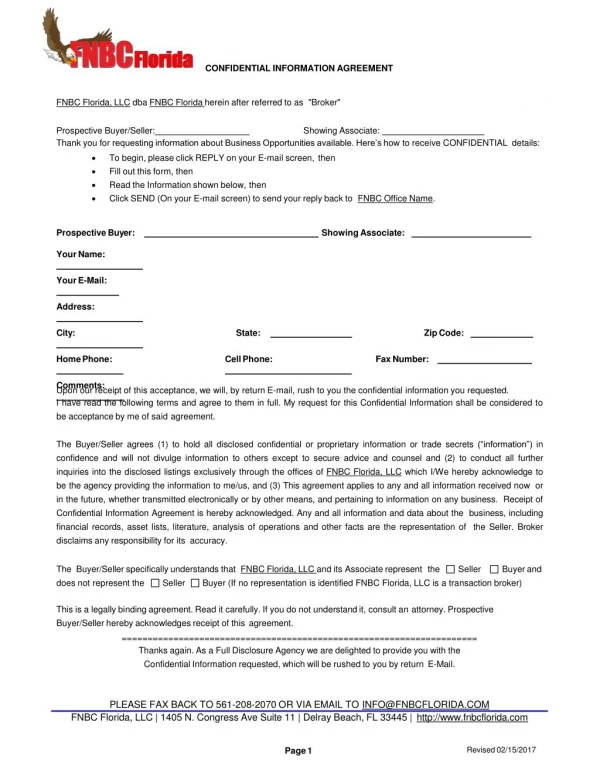 Florida Buyer Confidential Information Sheet