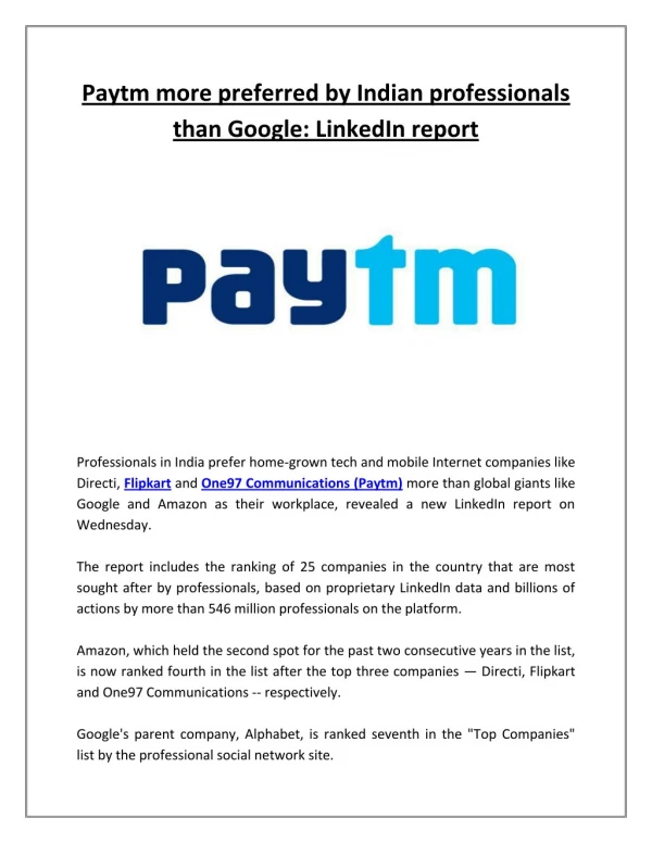 Paytm more preferred by indian professionals than google linkedin report