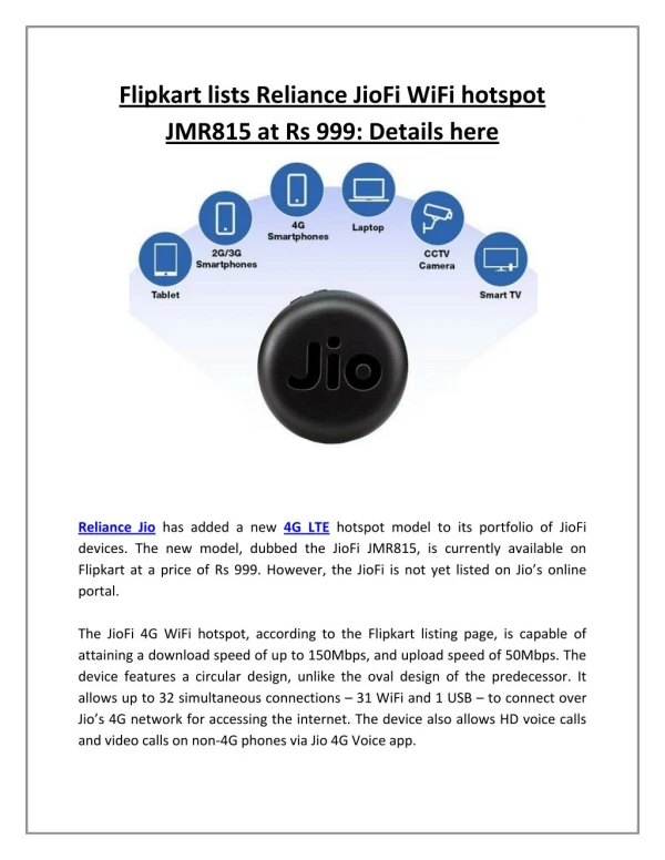 Flipkart lists Reliance JioFi WiFi hotspot JMR815 at Rs 999: Details here