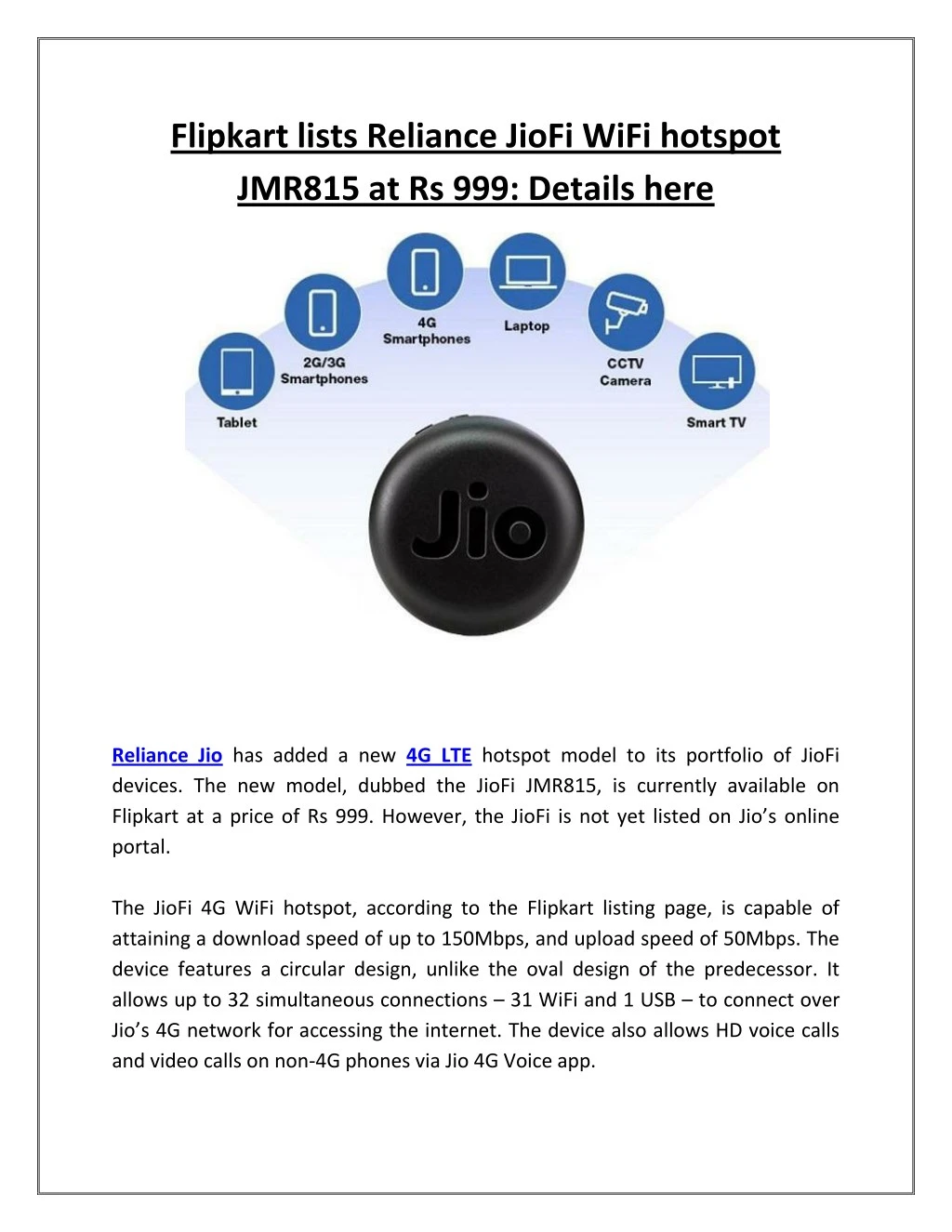 flipkart lists reliance jiofi wifi hotspot jmr815