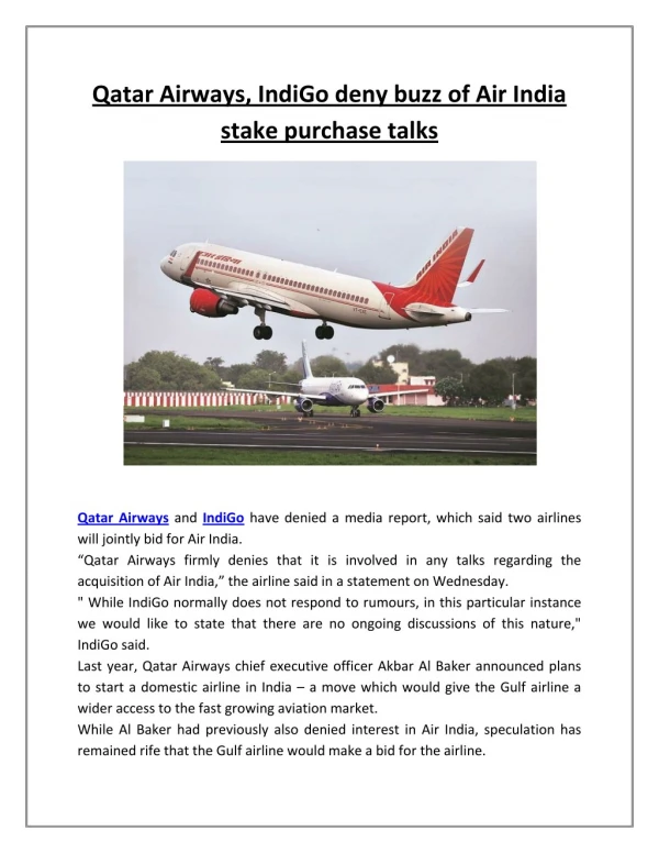 Qatar airways, indigo deny buzz of air india stake purchase talks