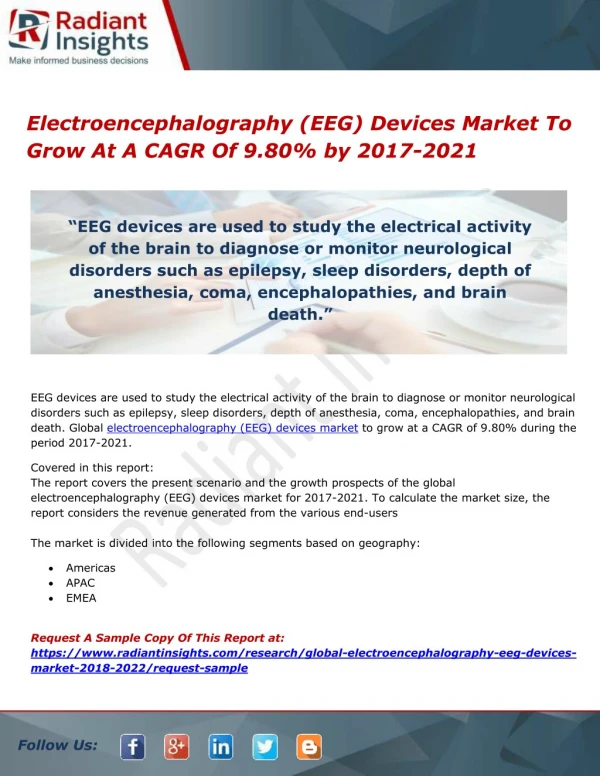 Electroencephalography (EEG) Devices Market To Grow At A CAGR Of 9.80% by 2017-2021
