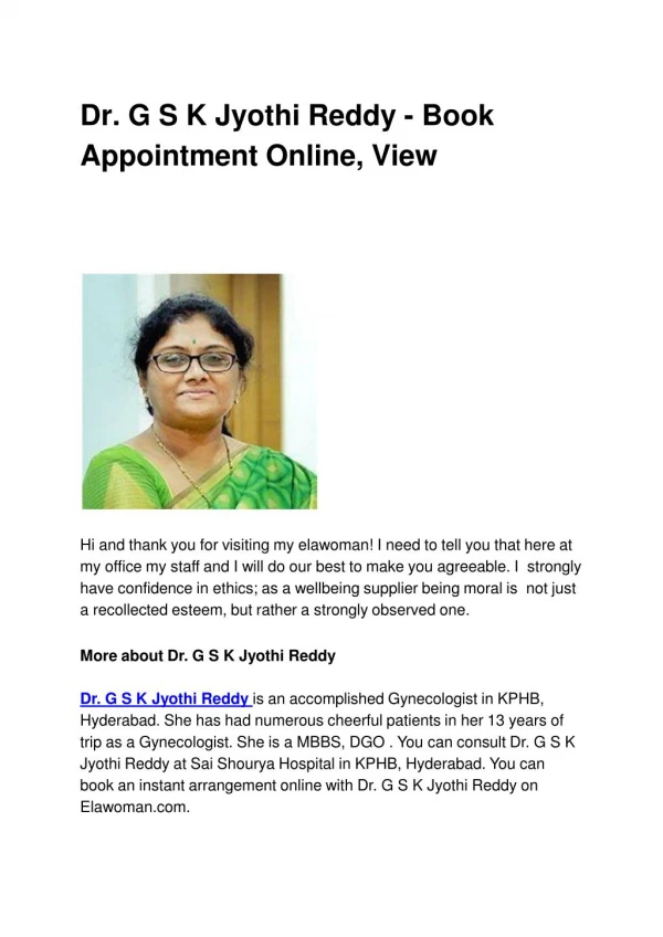 Dr. G S K Jyothi Reddy - Book Appointment Online, View