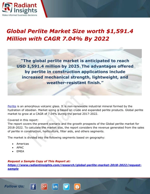 Global Perlite Market Size worth $1,591.4 Million with CAGR 7.04% By 2022
