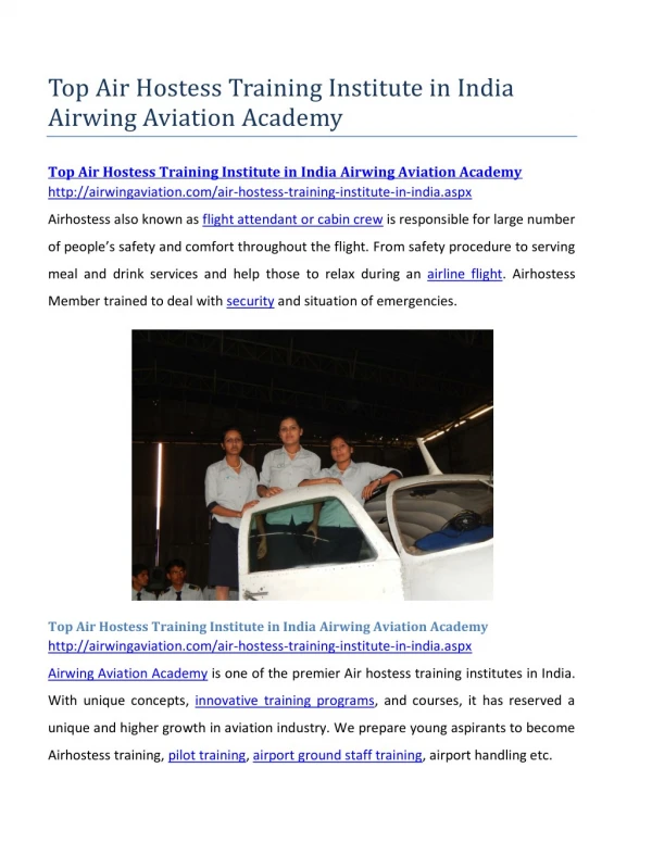Top Air Hostess Training Institute in India Airwing Aviation Academy