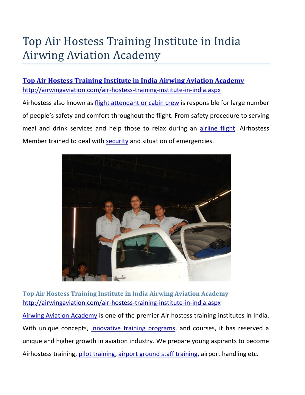 top air hostess training institute in india