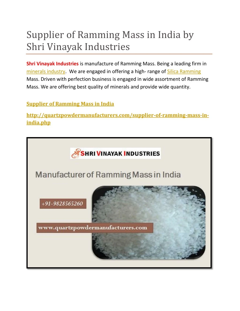 supplier of ramming mass in india by shri vinayak