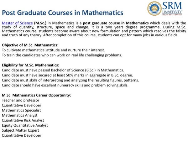 Post Graduate Courses in Mathematics