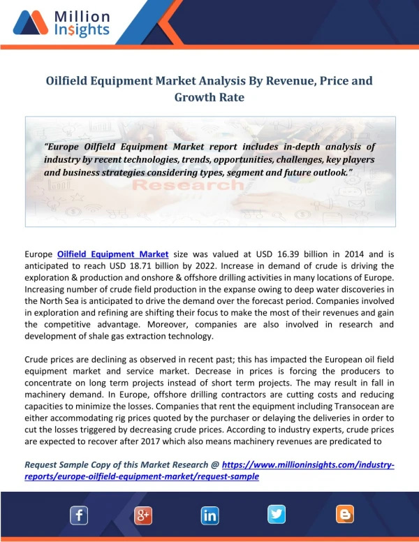 Europe Oilfield Equipment Market Analysis By Revenue, Price and Growth Rate