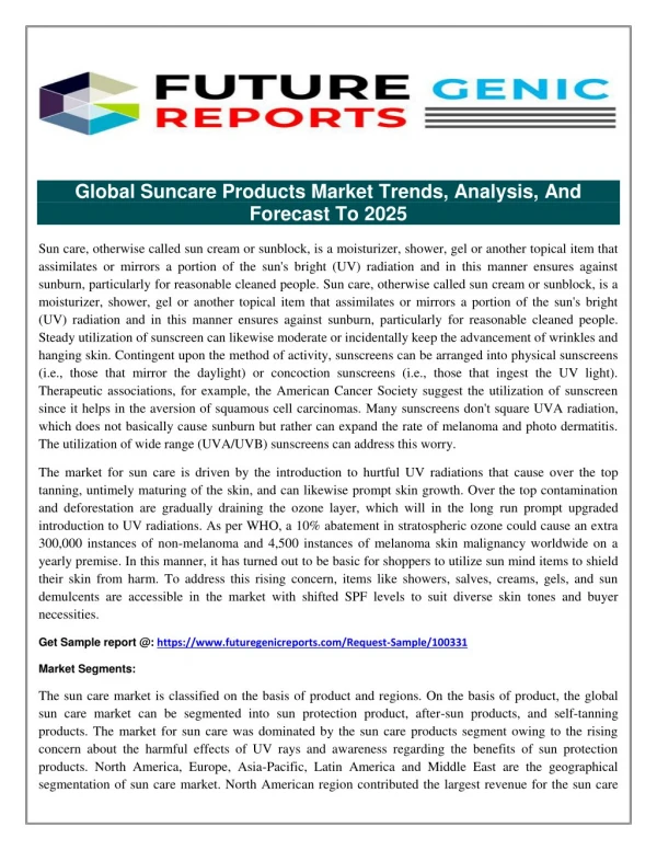 Global SunCare Market: Rising Awareness about Adverse Effects of Solar Radiation Ensures Steady Growth in Demand