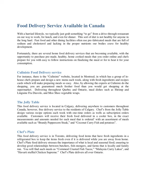 Food Delivery Service Available in Canada