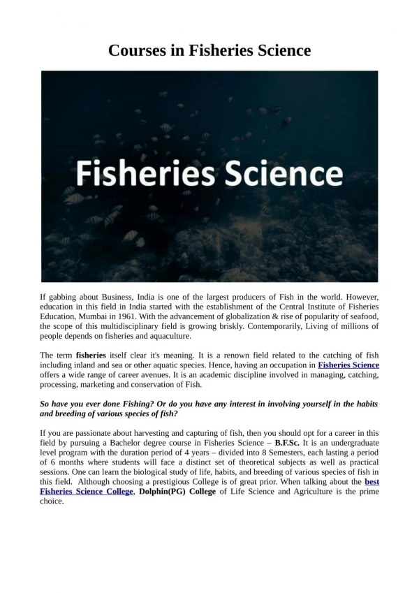 Fisheries Science Courses in India