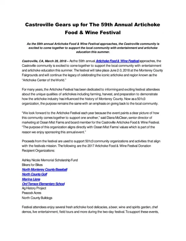 Castroville Gears up for The 59th Annual Artichoke Food & Wine Festival