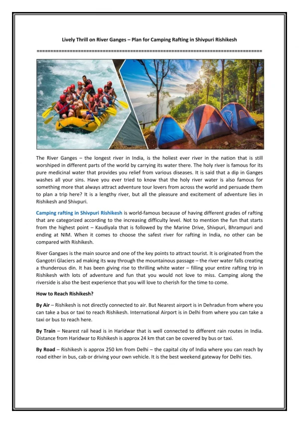 Lively Thrill on River Ganges – Plan for Camping Rafting in Shivpuri Rishikesh