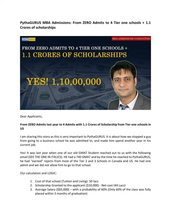 PythaGURUS MBA Admissions: From ZERO Admits to 4 Tier one schools 1.1 Crores of scholarships