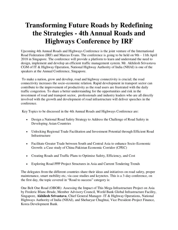 Transforming Future Roads by Redefining the Strategies - 4th Annual Roads and Highways Conference by IRF