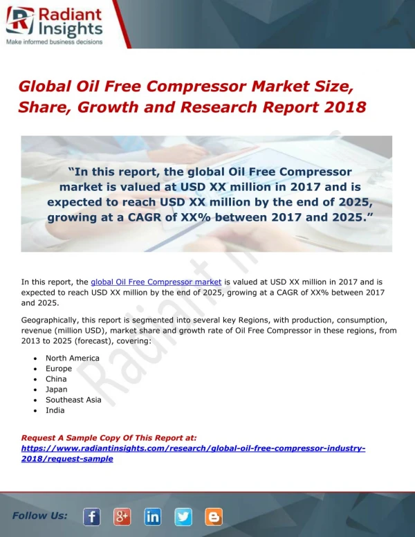 Global Oil Free Compressor Market Size, Share, Growth and Research Report 2018