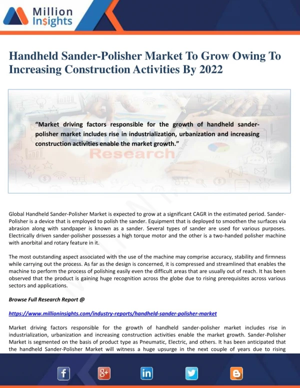 Handheld Sander-Polisher Market To Grow Owing To Increasing Construction Activities By 2022