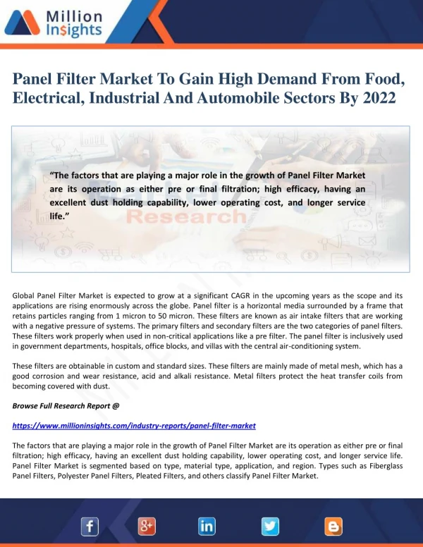 Panel Filter Market To Gain High Demand From Food, Electrical, Industrial And Automobile Sectors By 2022