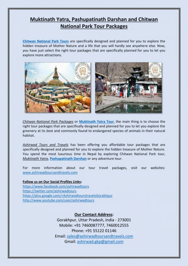 Muktinath Yatra, Pashupatinath Darshan and Chitwan National Park Tour Packages