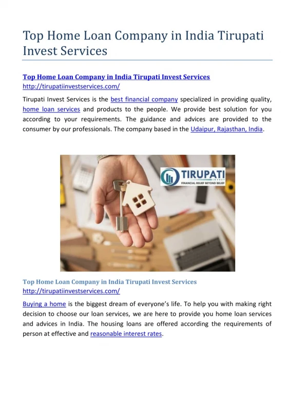 Top Home Loan Company in India Tirupati Invest Services