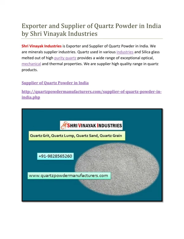 Exporter and Supplier of Quartz Powder in India by Shri Vinayak Industries