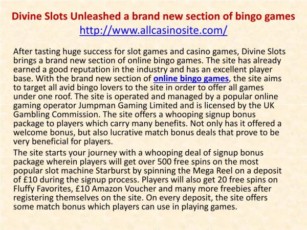 Divine Slots Unleashed a brand new section of bingo games