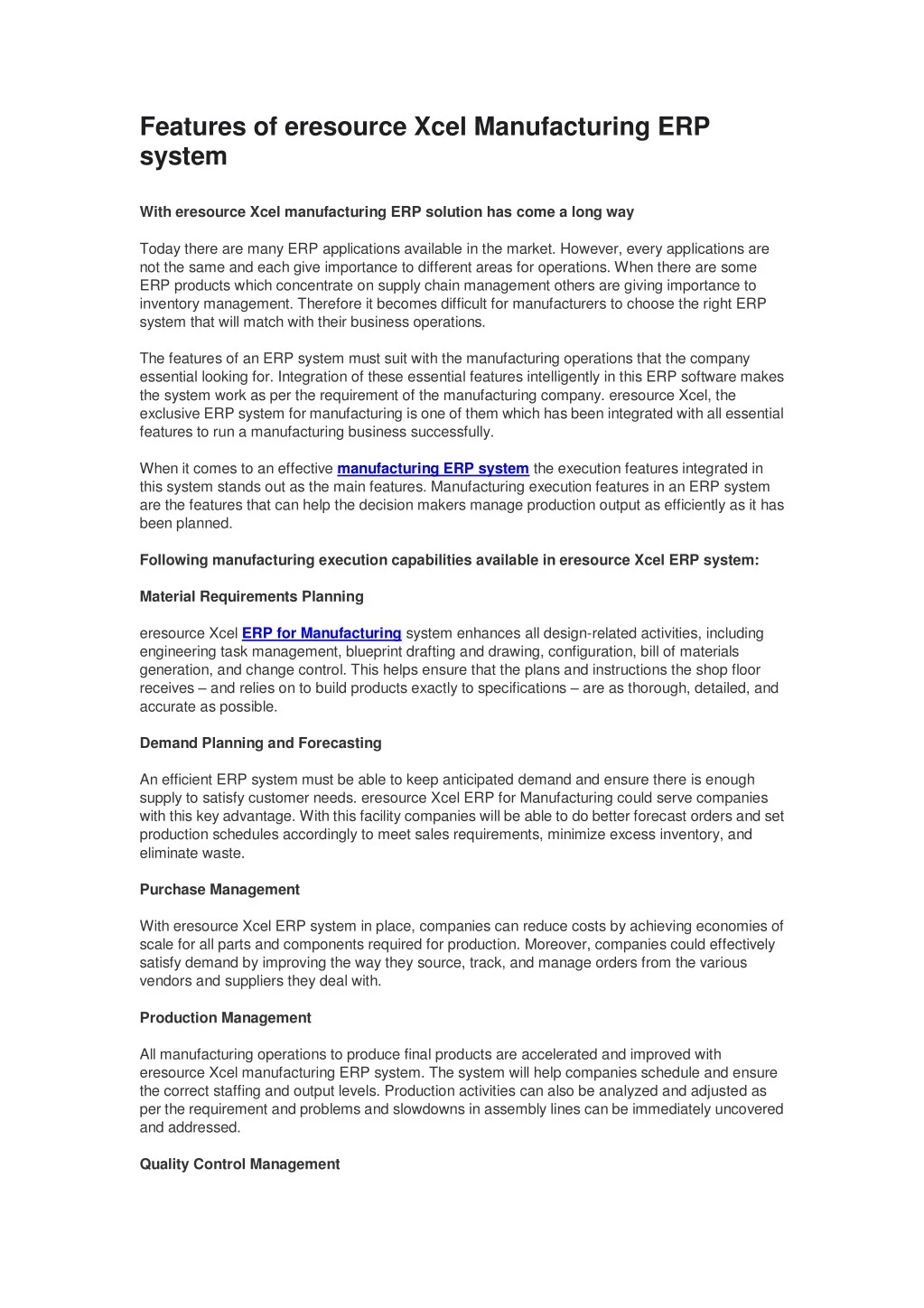 features of eresource xcel manufacturing