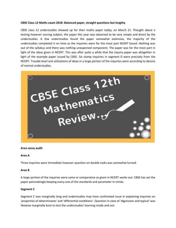 CBSE Class 12 Maths exam 2018: Balanced paper, straight questions but lengthy