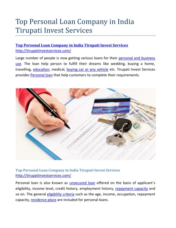 Top Personal Loan Company in India Tirupati Invest Services