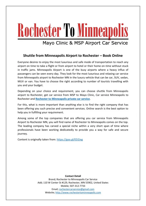 Shuttle from Minneapolis Airport to Rochester – Book Online