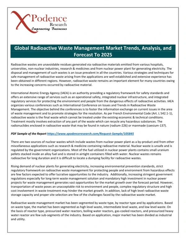Radioactive Waste Management Market to Receive Overwhelming Hike in Revenues by 2025