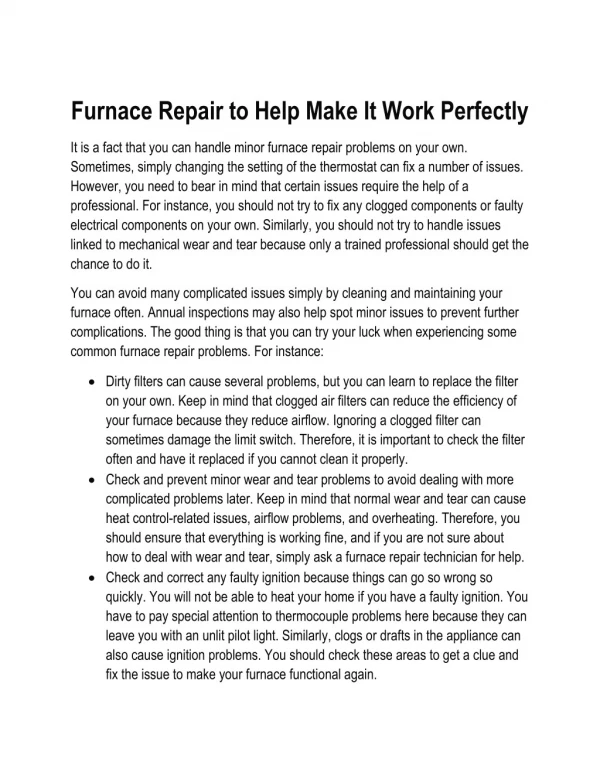 Furnace Repair to Help Make It Work Perfectly