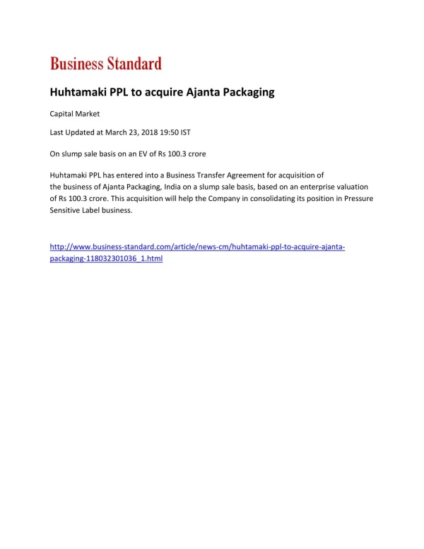 Huhtamaki PPL to acquire Ajanta Packaging